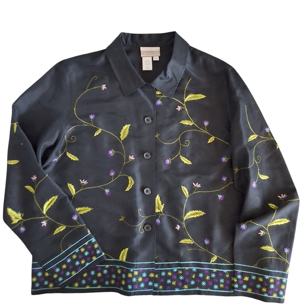 Coldwater Creek L 100% Silk Embroidered Floral Button Down Shirt Mature Modest